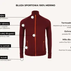 Sportowa bluza z wełny merino, termoaktywna, z ochroną UV. Miękka dla skóry, lekka, z praktycznymi kieszeniami i otworami na kciuki.