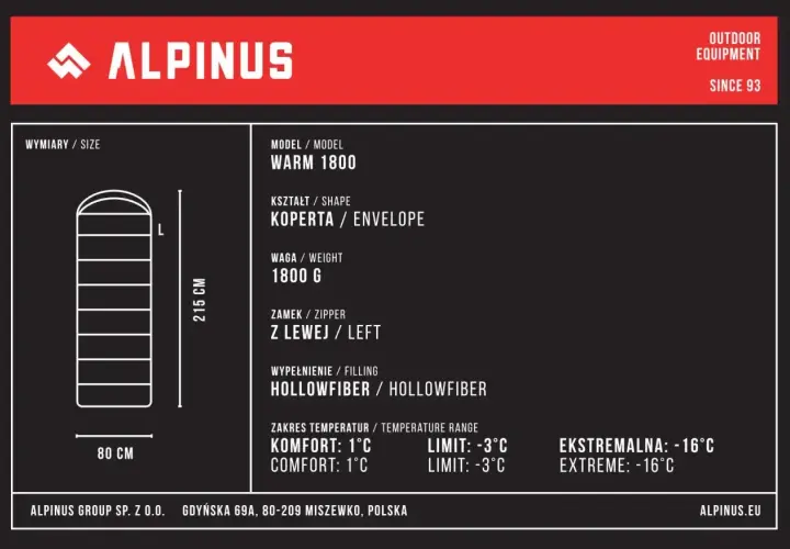 Śpiwór Alpinus Warm 1800, kształt koperty, 215 cm długości. Zakres temperatur komfortu: 1°C. Idealny na chłodne noce.