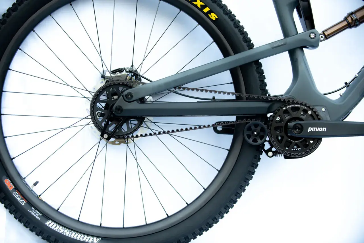Rower bez łańcucha, z napędem paskowym Carbon Drive. Widok tylnego koła i mechanizmu korbowego Pinion.