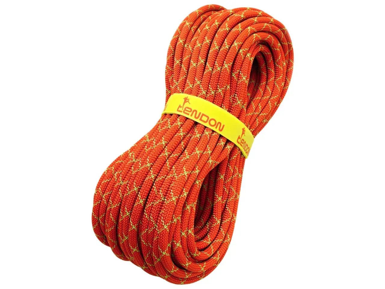 Pomarańczowa lina wspinaczkowa z żółtą opaską z logo Tendon.
