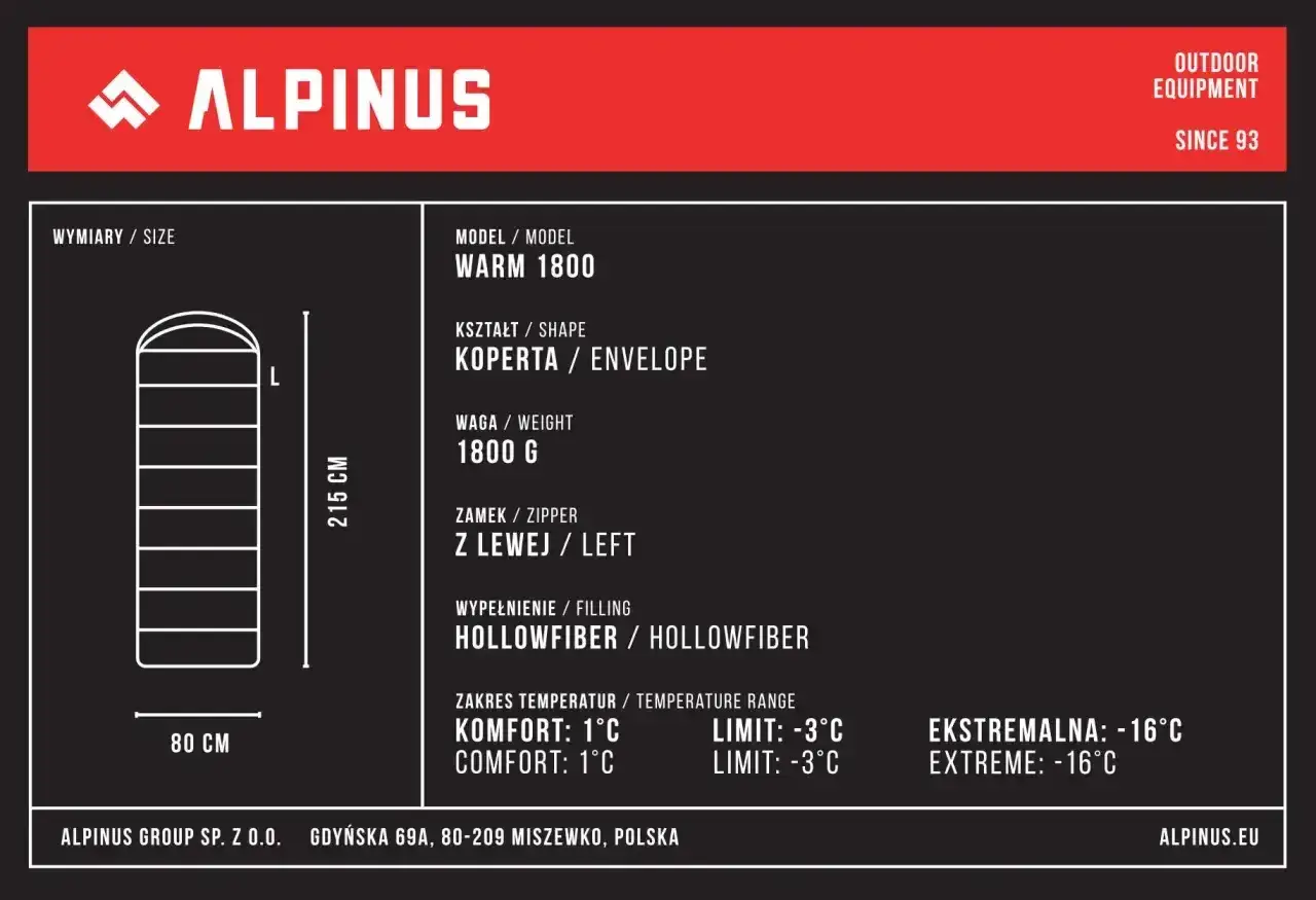Śpiwór Alpinus Warm 1800, kształt koperty, 215 cm długości. Zakres temperatur komfortu: 1°C. Idealny na chłodne noce.
