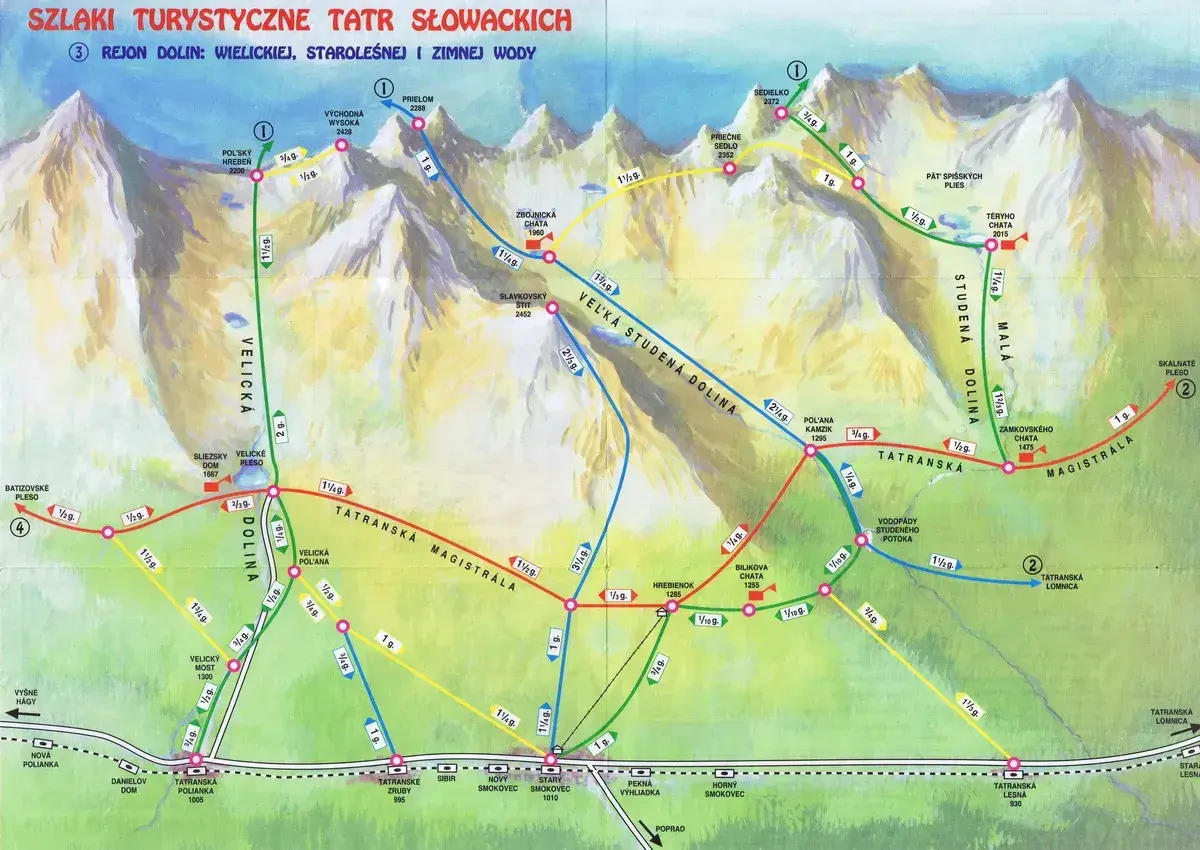 Mapa turystyczna słowackich Tatr z zaznaczonymi najpiękniejszymi szlakami w Dolinach Wielickiej, Staroleśnej i Zimnej Wody.