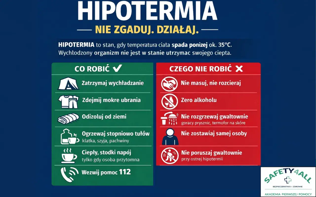 Hipotermia co to? Gdy temp. ciała spada poniżej 35&deg;C, organizm się wychładza. Działaj: zatrzymaj wychładzanie, zdejmij mokre ubrania, ogrzewaj stopniowo. Nie masuj, nie podawaj alkoholu. Wezwij pomoc 112.