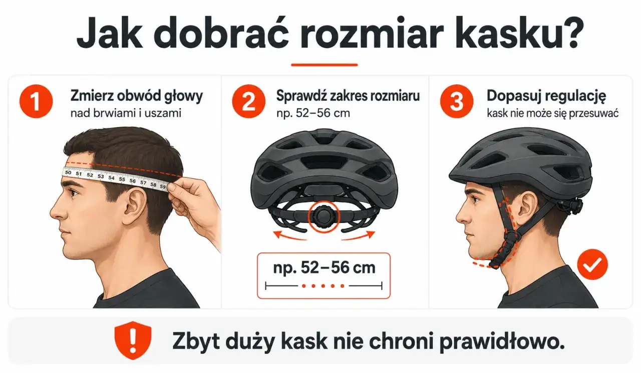Jak dobrać kask na rower? Zmierz obwód głowy, sprawdź zakres rozmiaru kasku (np. 52-56 cm) i dopasuj regulację. Zbyt duży kask nie chroni prawidłowo.